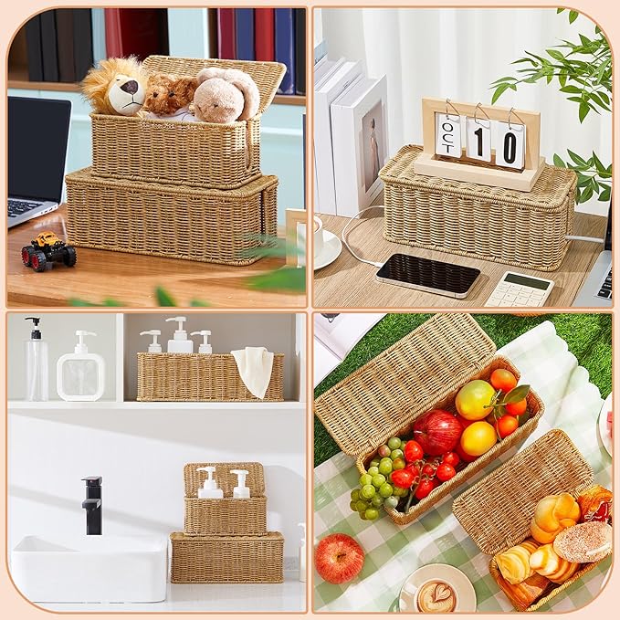 Marsui 3 Pcs Cable Management Box Synthetic Rattan Cord Organizer Cable Hider Storage Wire Box with 2 Open Slots for Home Office Desk Computer TV Wires USB Hub (Small,Medium,Large)