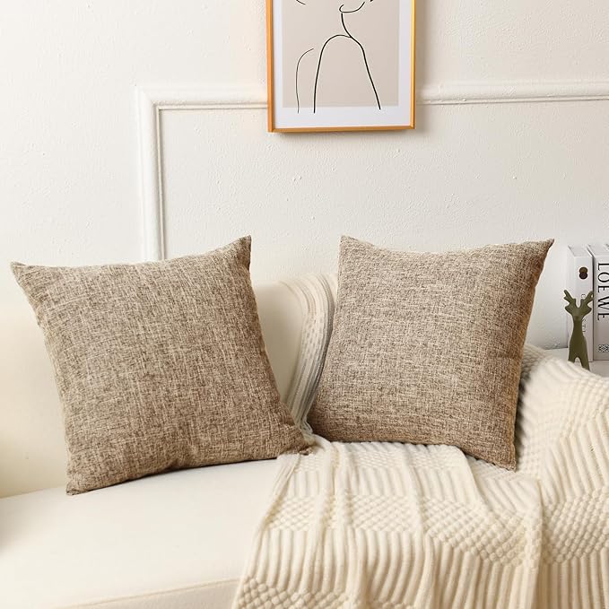 JIUZHEN 18x18 Inch Khaki Faux Linen Pillow Covers Set of 2, Earth Tone Neutral Cushion Covers for Living Room Bed, Washed Texture Zipper Closure