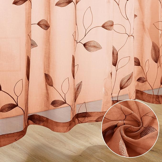 HOMEIDEAS Fall Burnt Orange Sheer Curtains 84 Inches Long 2 Panels Embroidered Floral Pattern Semi Sheer Window Curtains for Bedroom Living Room