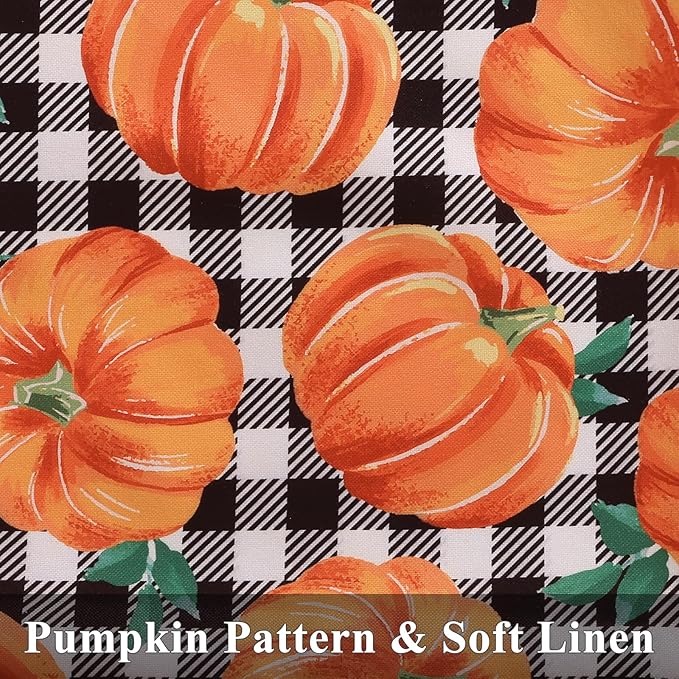 decorUhome Fall Orange Pumpkin Linen Decorative Throw Pillow Covers 12x20 Set of 2, Lumbar Buffalo Plaid Check Farmhouse Gingham Cushion Covers with Stitched Edge for Autumn Harvest Couch Sofa Bed