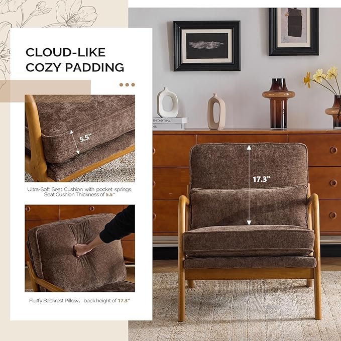 VINGLI Chenille Mid-Century Modern Accent Chair Set of 2, Cute Reading Arm Chair with Cushion & Lumbar Pillow & Solid Wood Frame for Lounge, Living Room, Reading Room, Bedroom, Espresso