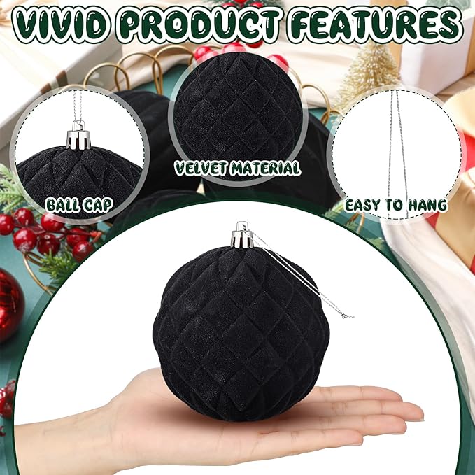 4 Pcs 4 Inch Large Velvet Christmas Ball Ornaments Vintage Christmas Plastic Ball Ornaments Flocked Tree Hanging Decoration for Xmas Party Wedding Home Decor(Black)
