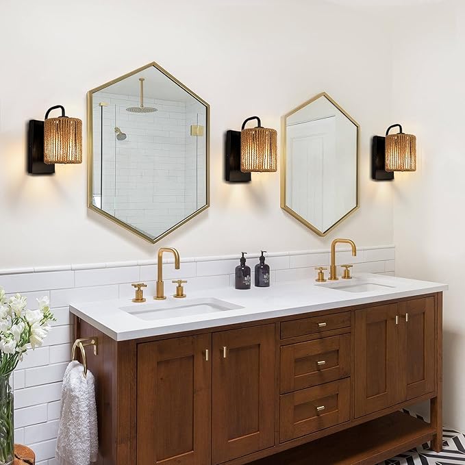 Boho Wall Sconce, Rattan Wall Light Fixtures with Hemp Rope Rustic Sconces for Living Room Bathroom Hallway Bohemian Modern Woven Scocne E26 10inch