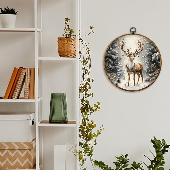 XPH Christmas Reindeer Round Wall Art Framed, Cottage Winter Forest Wildlife Deer Circle Wall Decor, Rustic Xmas Cozy Winter Hanging Canvas Prints for Home Bedroom Living Room Decoration, 10x10 Inch