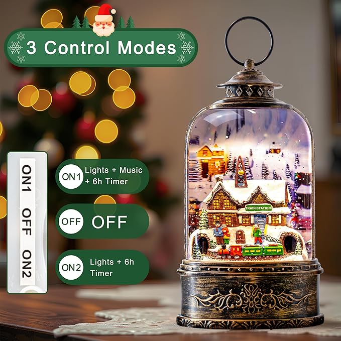 10.3" Christmas Snow Globe Water Lantern with Train Station Scene Battery Operated or USB Powered Musical Lighted Holiday Decoration for Tabletop Display for Family and Friends