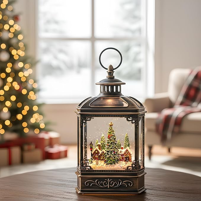 Christmas Village Snow Globe Lantern Musical Lighted Village House Water Lantern in Swirling Glitter, Christmas Home Decoration and Gift, Battery Operated or USB Powered