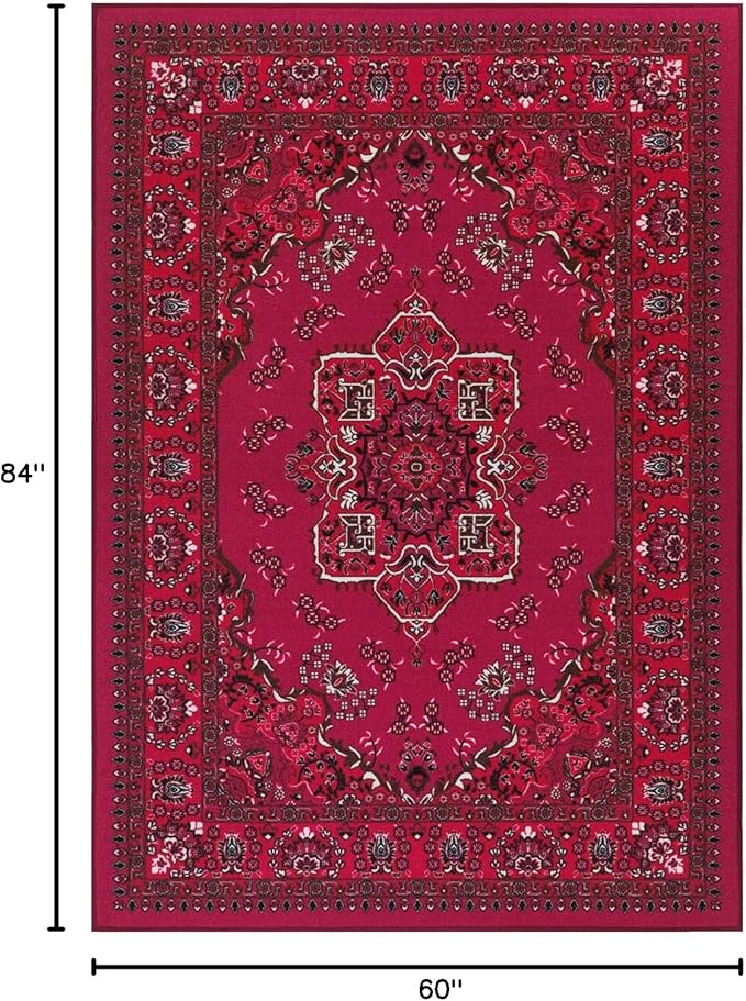 Antep Rugs Alfombras Oriental Traditional 5x7 Non-Skid (Non-Slip) Low Profile Pile Rubber Backing Indoor Area Rugs (Pink, 5' x 7')
