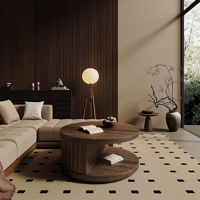 31-Inch Round Wood Coffee Tables for Living Room, with 2-Tier Shelf Fluted Center Tables, Modern Wooden Circle Unique Tea Tables with Open Shelves for Home Apartment Small Spaces, Walnut