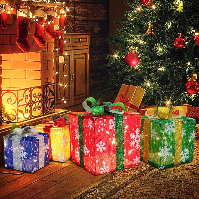 DomKom Set of 4 Christmas Lighted Gift Boxes, 70 Led Light Up Colorful Iron Frame Present Box with Pine Cones Bows for Xmas Tree Party Yard Holiday Indoor Outdoor Decoration