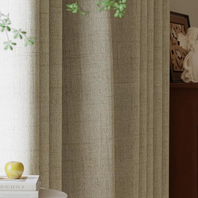 100% Blackout Curtains for Bedroom, Thermal Insulated Curtains 63 Inch Length Curtain 2 Panels, Luxury Soft Farmhouse Linen Textured Full Light Blocking Room Darkening Drapes, W52xL63, Beige