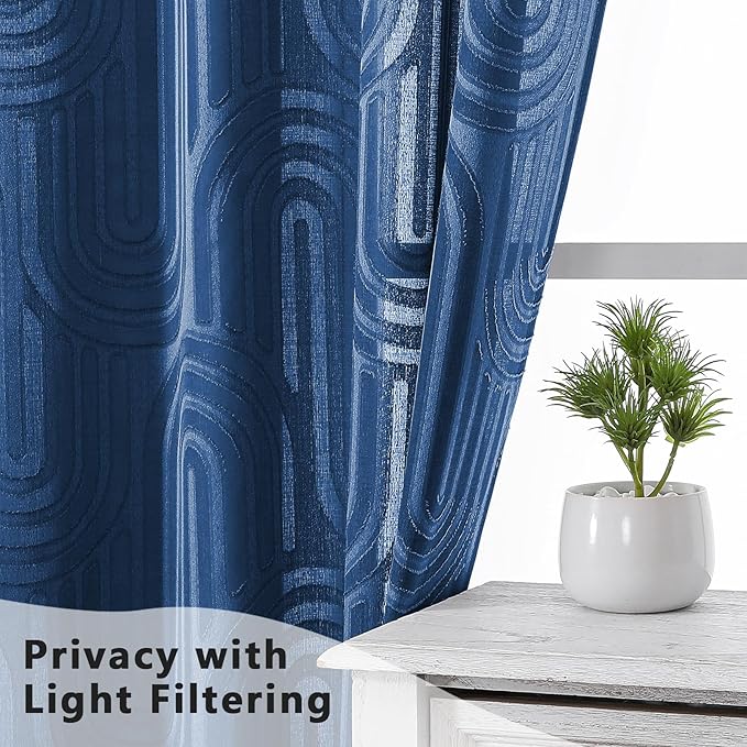 Simplebrand Sheer Dusty Blue Curtains, Kitchen & Bathroom, 42W x 36L Inches, 2 Panels Set, Modern Rod Pocket, Semi-Sheer, Geometric Jacquard