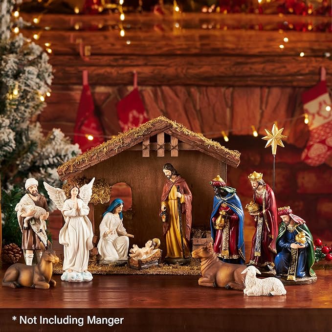 Nativity Sets for Christmas Indoor Set of 13 Pieces 7.9 Inches Tabletop Holidays Decor Nativity Scene Resin Figurines Set Religious Decorations Collection Gifts