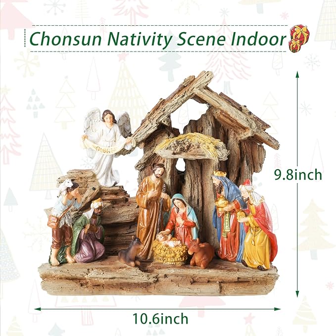 Nativity Sets 9.8 Inch Christmas Village Manger Nativity Scene Indoor Baby Jesus Christmas Decorations Tabletop Scenes Figures Set Christmas Ornaments