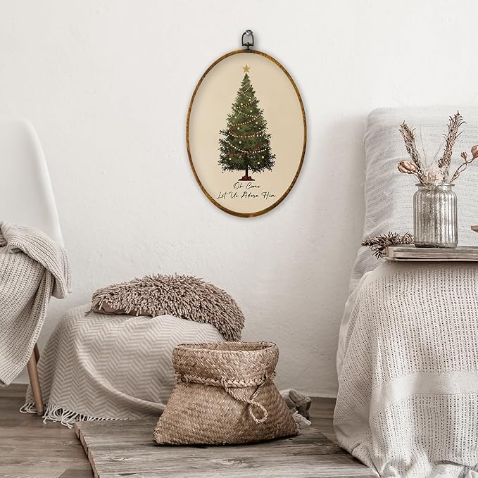 XPH Vintage Christian Christmas Tree Oval Wall Art Framed, Religious Christmas Oval Wall Decor, Oh Come Let Us Adore Him Bible Verse Hanging Canvas Prints for Home Bedroom Decoration, 8.6x11.4 Inch