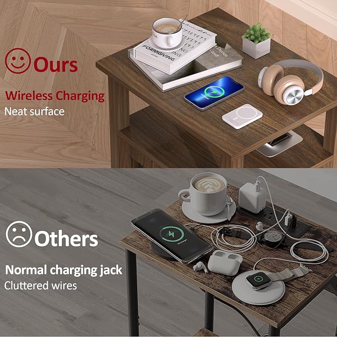 HIFYOBRO 18'' End Table with Charging Station, Adjustable Shelf & Storage, Modern Farmhouse Nightstand for Bedroom, Living Room, Office