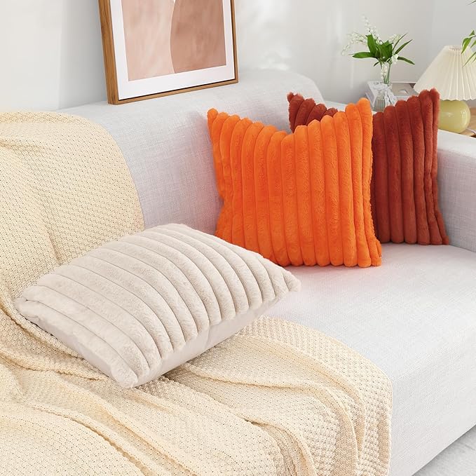 decorUhome Faux Fur Throw Pillow Covers 24x24 Set of 2, Decorative Soft Plush Striped Neutral Couch Euro Pillow Covers with Velvet Back for Sofa, Bed, Living Room Home Decor, Beige