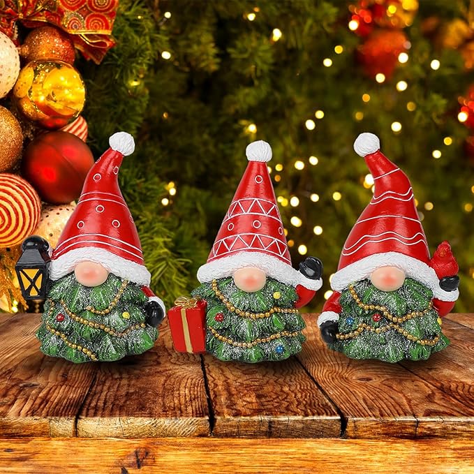 MorTime Set of 3 Christmas Gnomes Table Decorations, Resin Gnome with Gift Box Xmas Tree Centerpieces for Desk Shelf Fireplace Winter Holiday Christmas Decor