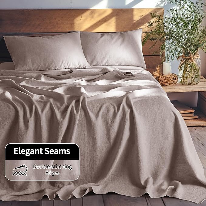 LBRO2M 100% Linen Sheet Set 16" Deep Pocket Full Size,Bed Sheets 4 Piece Sets,Solid Color Natural Flax Bed Sheets Soft Breathable Bedding, All Season (Full, Mauve Desert)
