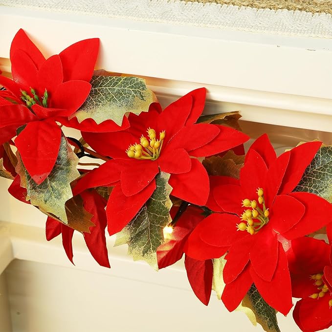 Glintoper 2 Pack Christmas Poinsettia Garland, 5.9 FT Lighted Artificial Garlands with 36 Red Flowers, Battery Operated with Timer Poinsettia String Lights, Light up for Xmas New Year Home Decor