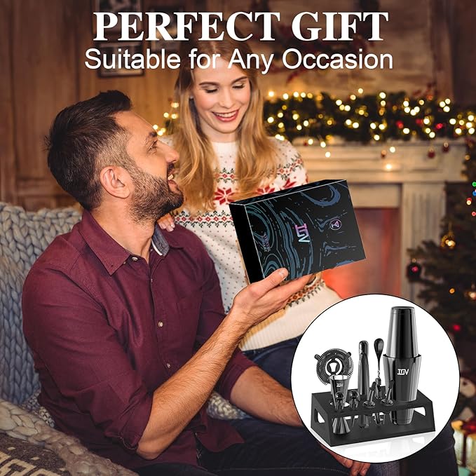 IOV Cocktail Shaker Set: 12-Piece Mixology Bartender Kit Bar Set | 18oz & 28oz Boston Shaker Drink Mixing Tools for Home with Recipe Booklet and Stand | Fun Housewarming Gift (Black)