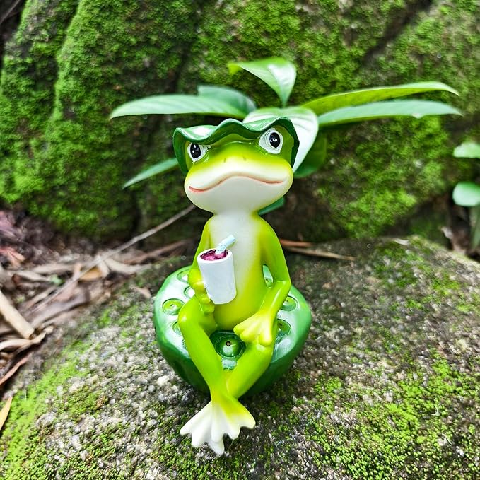 Frog Figurine Garden Decor for Outside, Frogs Statue Plant Decorations for Pots, Fairy Garden Figurines for Lawn Ornaments, Yard Decorations Outdoor, Frog Gifts for Women (1, Drink Frog)