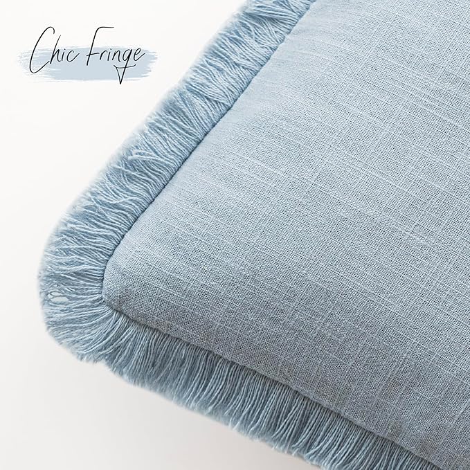 Foindtower Set of 2 Decorative Linen Fringe Throw Pillow Covers Boho Farmhouse Cushion Cover with Tassels Soft Accent Pillowcase for Couch Chair Sofa Bed Living Room Home Decor,24×24 Inch,Sky Blue
