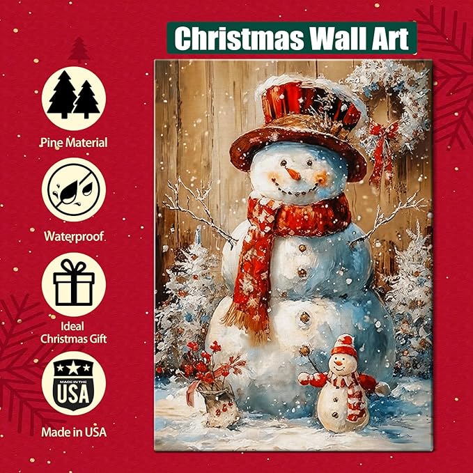 Vintage Snowman Christmas Canvas Wall Art, Framed Rustic Christmas Print Picture for Living Room Bedroom Decor, Ideal Christmas Wall Art Decorations and Holiday Gifts