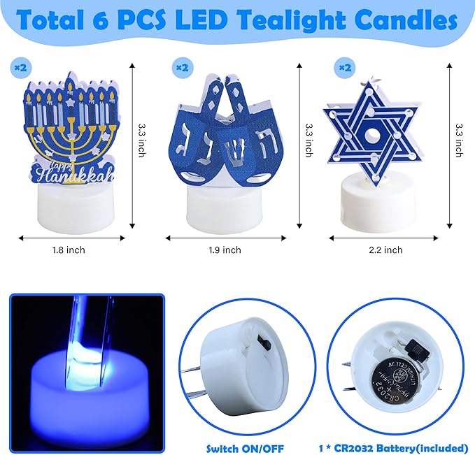 6 PCS Hanukkah Tea Lights Candles Battery Operated LED Flameless Tealight Candles, Blue Star of David Menorah Dreidel Hanukkah Decorations Centerpieces for Home Kitchen Party Decor