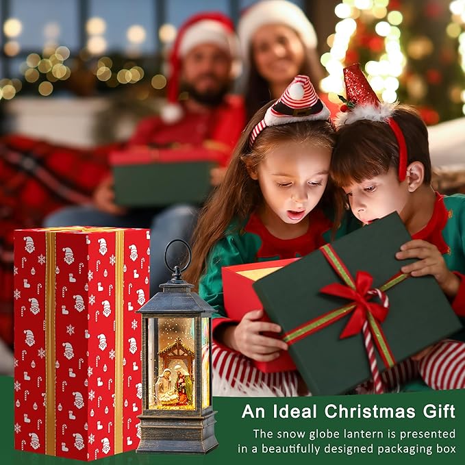10.4" Christmas Snow Globe Water Lantern with Nativity Scene Battery Operated or USB Powered Musical Lighted Holiday Decoration for Tabletop Display for Family and Friends