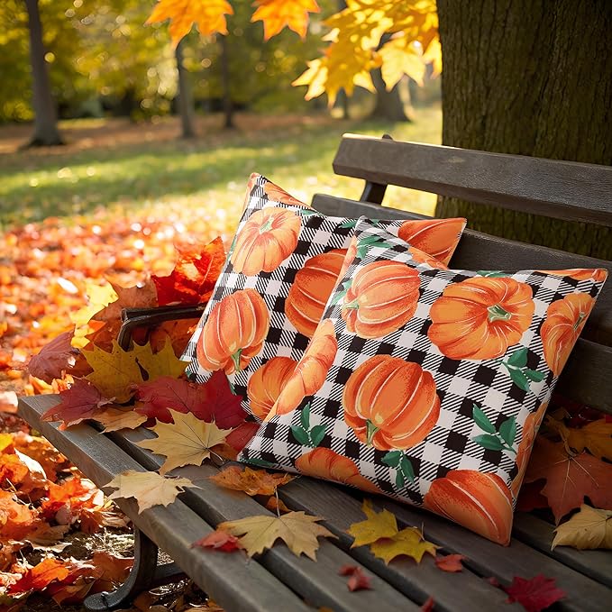 decorUhome Fall Orange Pumpkin Linen Decorative Throw Pillow Covers 12x20 Set of 2, Lumbar Buffalo Plaid Check Farmhouse Gingham Cushion Covers with Stitched Edge for Autumn Harvest Couch Sofa Bed