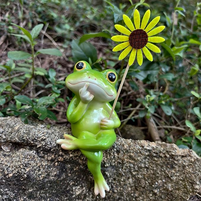 Frog Figurine Garden Decor for Outside, Frogs Statue Plant Decorations for Pots, Fairy Garden Figurines for Lawn Ornaments, Yard Decorations Outdoor, Frog Gifts for Women (1, Flower Frog)