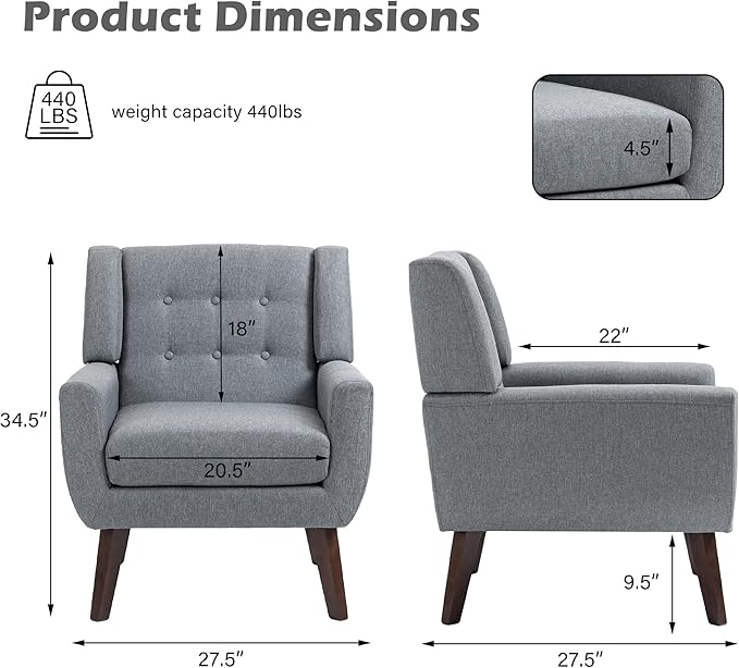 UIXE Accent Chair Modern Arm Chairs, Mid Century Upholstered Club Armchair, Comfy Single Lounge Sofa Living Room Button Tufted Armrest Reading Seat Bedroom Side Sitting for Home Office, Gray