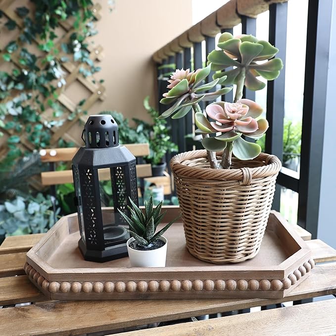 Wood Rustic Serving Tray with Beads, Farmhouse Brown Decorative Tray for Table Centerpiece, Christmas Wedding Halloween Home Decor