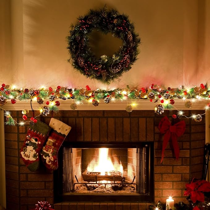 10FT Enchanting Christmas Garland with 30 LED Lights Battery Operated-Realistic Red Berries & Pine Cones Decor for Tree,Fireplace Mantel,Indoor Holiday Home Decor (9.8Ft)