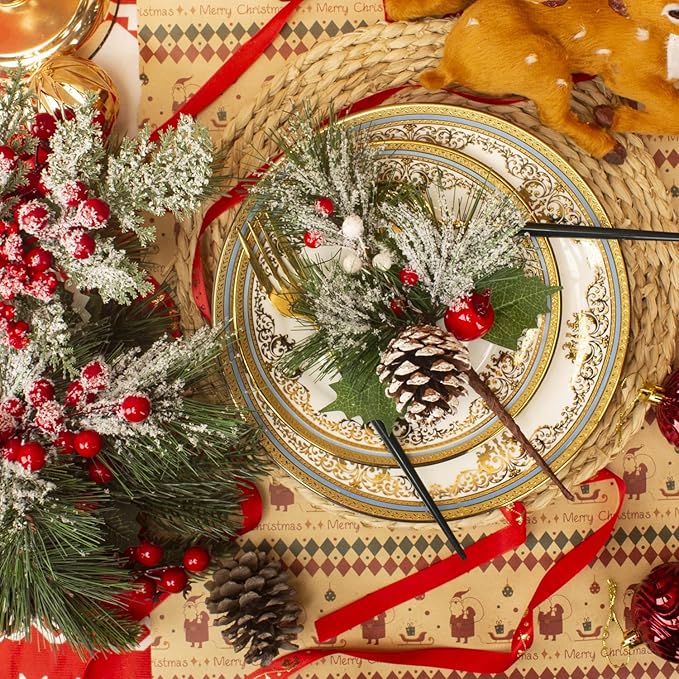 6 Kinds Artificial Christmas Tree Picks with Red Berry Pine Branches & Flower Pick - Perfect for Festive Season Decor & Wreaths to Brighten Your Holiday Spirit