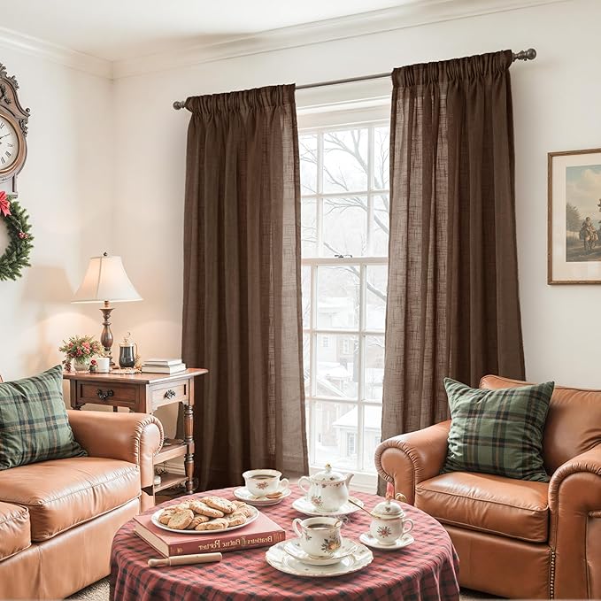 YoungsTex Linen Semi Sheer Curtains 90 Inches Long for Living Room - Chocolate Brown Light Filtering Drapes Textured with Rod Pocket Back Tab for Dining Bedroom, 2 Panels, 52 X 90 Inch