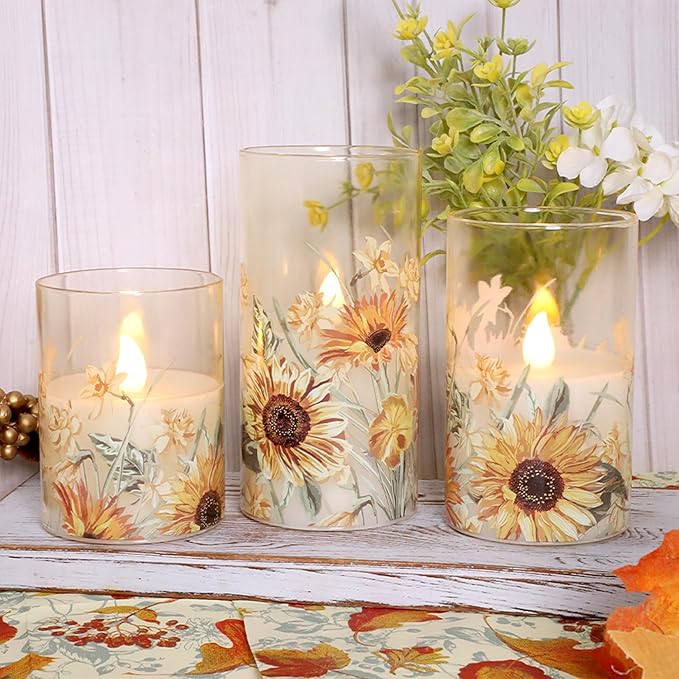 Sunflower Glass Flameless Candles with Remote Battery Operated Flickering LED Pillar Candle Summer Fall Autumn Christmas Decorations Gifts for Women Mom Mothers Day Birthday, Set of 3
