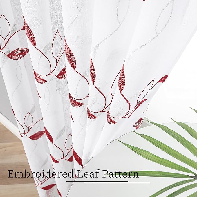 Tollpiz Burgundy Red Leaf Sheer Tier Curtains Leaves Embroidered Kitchen Short Curtain Rod Pocket Voile Bathroom Curtains for Cafe, 30 x 24 inches Long, Set of 2 Panels