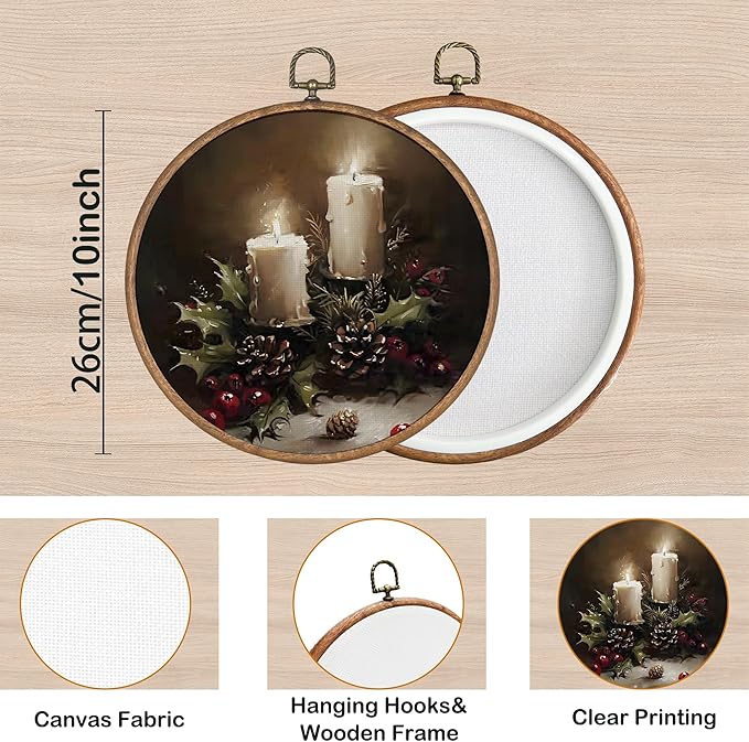 KSDUT Vintage Christmas Wall Decor Art - Vintage Christmas Candle Wall Art Canvas Frame Hanging Prints, Merry Xmas Holiday Round Wall Art Decor for Home Farmhouse Decorations 10"x10"