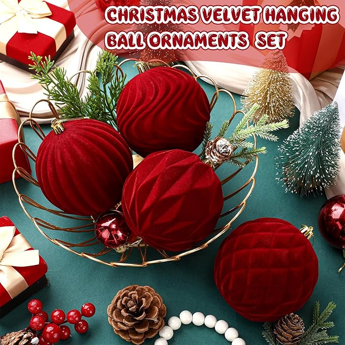 4 Pcs 4 Inch Large Velvet Christmas Ball Ornaments Vintage Christmas Plastic Ball Ornaments Flocked Tree Hanging Decoration for Xmas Party Wedding Home Decor(Wine Red)