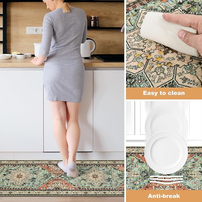 Yamaziot Boho Washable Kitchen Rugs Sets of 3, Non Slip Kitchen Mats for Floor with Rubber Backing, Waterproof & Stain Resistant Thick Carpet Runner Throw Rug for Kitchen, Laundry Room, Hallway
