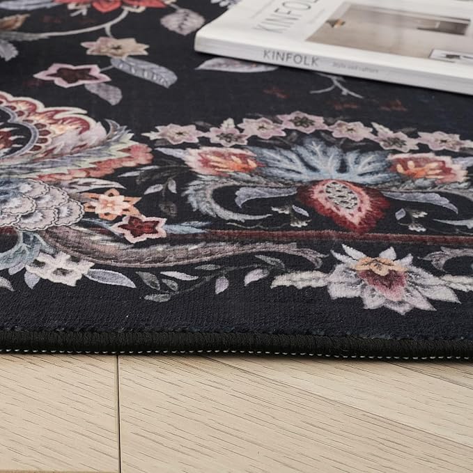Rugcomf Vintage Paisley 3'x5' Area Rug - Machine Washable, Non-Slip Low Pile Small Floral Carpet for Bedroom, Bedside, Kitchen, Entryway, Kids/Girls Room, Office - Black
