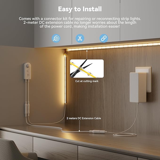 PAUTIX Motion Sensor Strip Lights 24V COB LED Strip Light Motion Activated LED Strip Light 2700K Warm White,20ft Dimmable Super Bright with Dual Lighting Mode,for Under Cabinet,Kitchen,Stairs,Bedroom