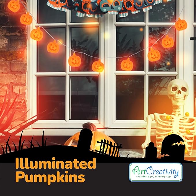 ArtCreativity 8.2 FT Halloween Pumpkin String Lights with Remote - 10 LED - Orange Jack-O-Lantern Decorations for Outdoor & Indoors - Cute Halloween Party Supplies - Battery Powered Pumpkin Deco