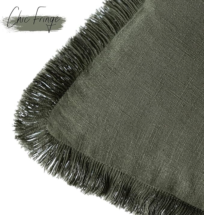 Foindtower Set of 2 Decorative Linen Fringe Throw Pillow Covers Cozy Farmhouse Cushion Cover with Tassels Accent Pillowcase for Couch Chair Sofa Bed Living Room Home Decor,24×24 Inch,Dark Olive Green