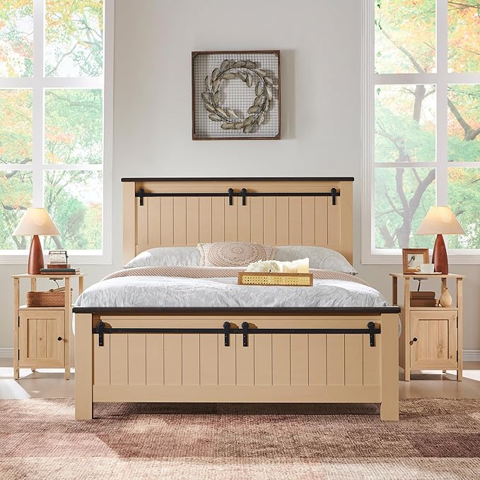 Farmhouse Nightstands Set of 2, Narrow Bedside Table with Charging Station, Night Stand Set 2 with Storage & Open Shelf, End Tables w/Groove Barn Door for Bedroom, Living Room-Natural
