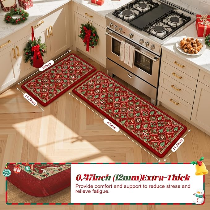Collive Christmas Tree Kitchen Floor Mats, Cushioned Anti Fatigue Kitchen Rugs 2 Piece Morocco Xmas Elk Sink Mat Waterproof, Non Slip Comfort Standing Rug for Home Decorations 17"x30"+17"x47"
