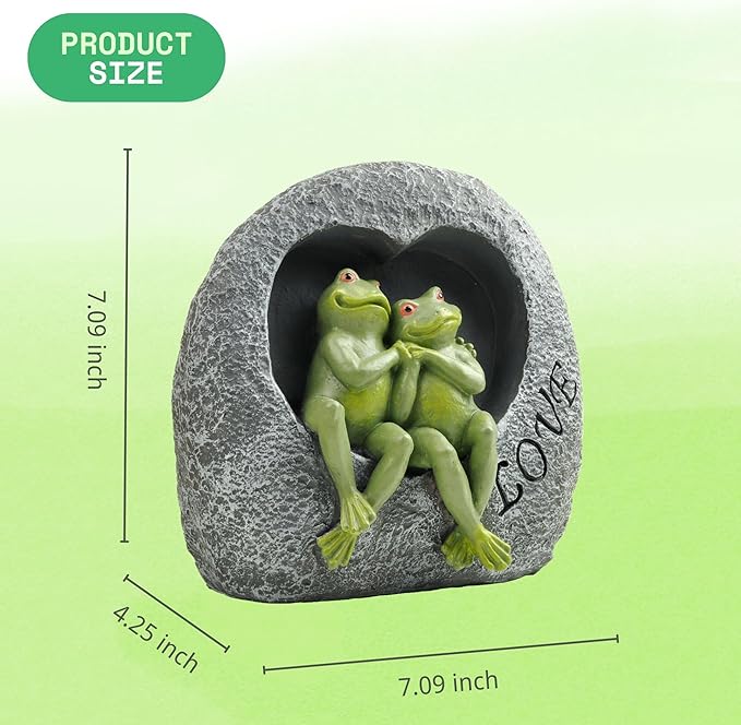 Love Frog Couple Garden Statue – 7" Resin Romantic Frog Figurines in Heart Rock, Outdoor Yard Art Decoration for Patio, Balcony, Lawn