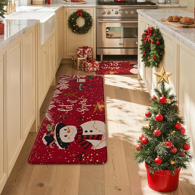 Christmas Snowman Anti Fatigue Mats for Kitchen Floor, Red Winter Xmas Tree Cushioned Kitchen Rugs Sets of 2, Waterproof Non Slip Sink Rug Comfort Standing Mat for Holiday Decor 17x30+17x47 inch