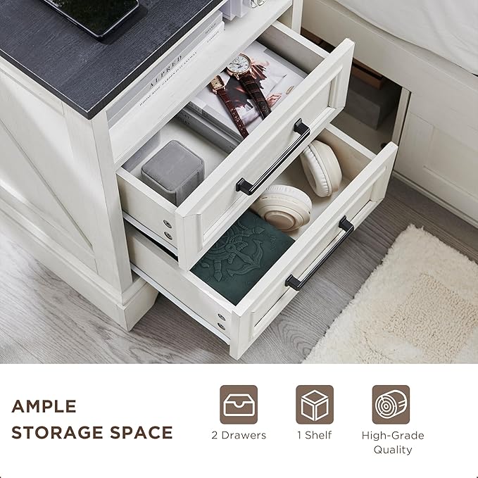 18" Farmhouse Nightstand with Charging Station,End Table with 2 Drawers Storage,Side Table,Bedside Cabinet for Bedroom,Living Room,White